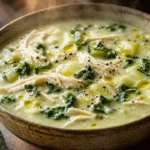 Caldo cremoso de chuchu com frango, couve e textura aveludada em tigela rústica