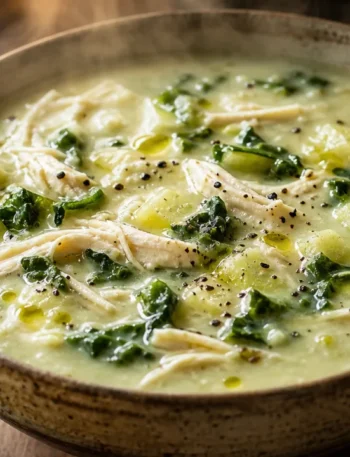 Caldo cremoso de chuchu com frango, couve e textura aveludada em tigela rústica