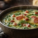 Caldo verde cremoso com couve, bacon e calabresa em tigela rústica sobre mesa de madeira