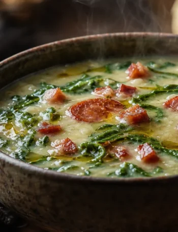 Caldo verde cremoso com couve, bacon e calabresa em tigela rústica sobre mesa de madeira