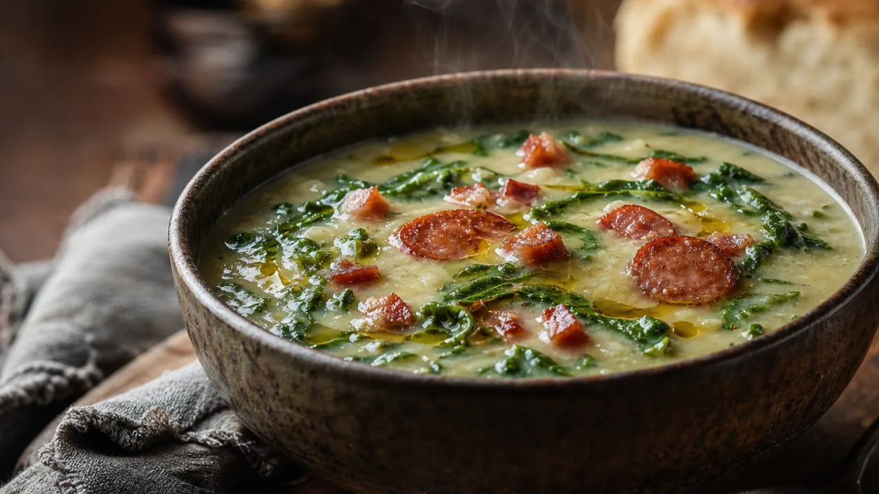 Caldo verde cremoso com couve, bacon e calabresa em tigela rústica sobre mesa de madeira