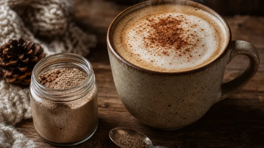 Cappuccino caseiro cremoso em xícara rústica com espuma, cacau e canela sobre mesa de madeira.