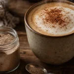 Cappuccino caseiro cremoso em xícara rústica com espuma, cacau e canela sobre mesa de madeira.