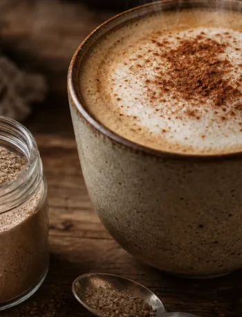 Cappuccino caseiro cremoso em xícara rústica com espuma, cacau e canela sobre mesa de madeira.