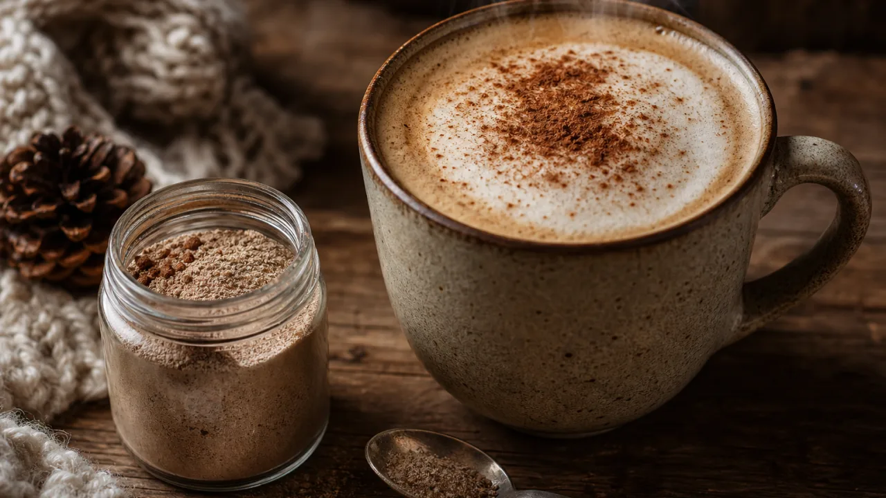 Cappuccino caseiro cremoso em xícara rústica com espuma, cacau e canela sobre mesa de madeira.