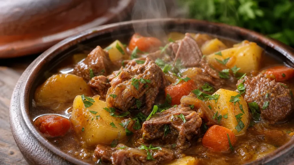Carne de panela com batatas macia, com caldo encorpado, batatas, cenoura e salsinha fresca