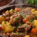 Carne de panela com batatas macia, com caldo encorpado, batatas, cenoura e salsinha fresca