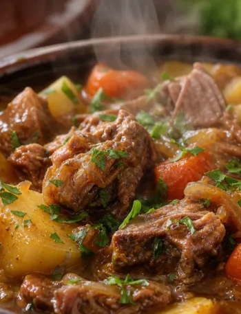 Carne de panela com batatas macia, com caldo encorpado, batatas, cenoura e salsinha fresca