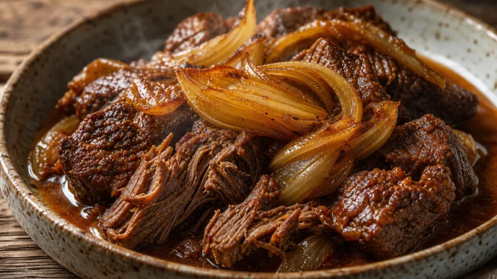 Carne de panela com cebola caramelizada, macia e suculenta, servida em prato rústico
