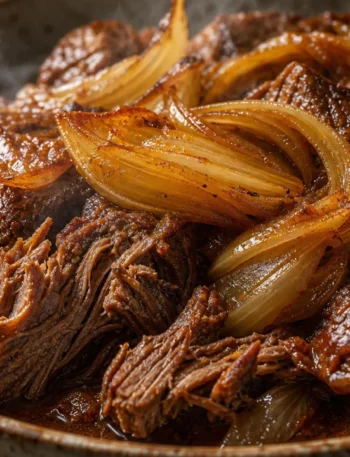 Carne de panela com cebola caramelizada, macia e suculenta, servida em prato rústico