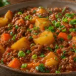 Carne moída com batata e cenoura em molho vermelho, com legumes macios e salsinha fresca
