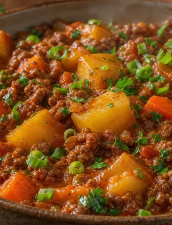 Carne moída com batata e cenoura em molho vermelho, com legumes macios e salsinha fresca