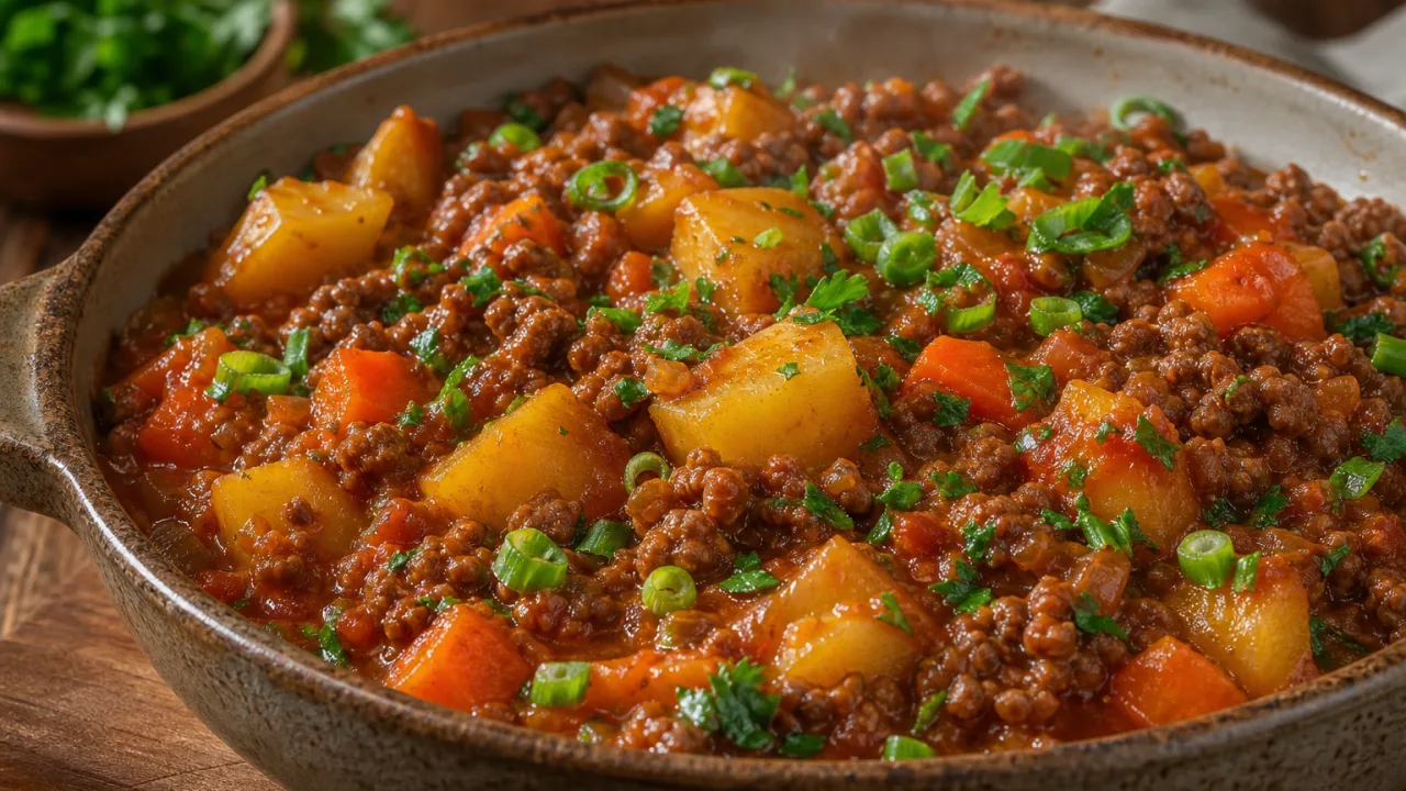 Carne moída com batata e cenoura em molho vermelho, com legumes macios e salsinha fresca