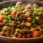 Carne moída refogada bem molhadinha, suculenta e temperada com tomate, cebola e ervas frescas