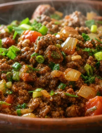 Carne moída refogada bem molhadinha, suculenta e temperada com tomate, cebola e ervas frescas