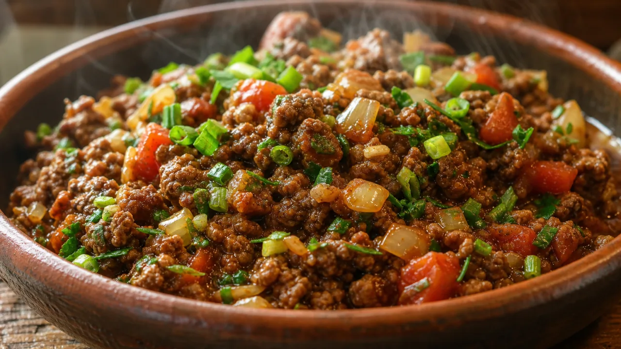 Carne moída refogada bem molhadinha, suculenta e temperada com tomate, cebola e ervas frescas