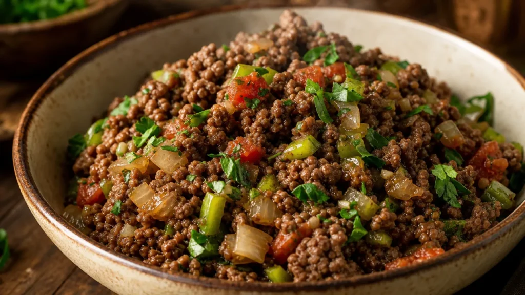 Carne moída simples e suculenta com tomate, pimentão e cheiro-verde em bowl rústico