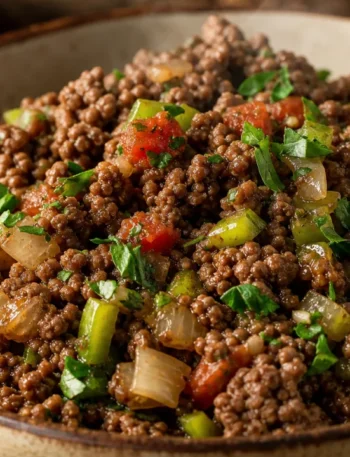 Carne moída simples e suculenta com tomate, pimentão e cheiro-verde em bowl rústico