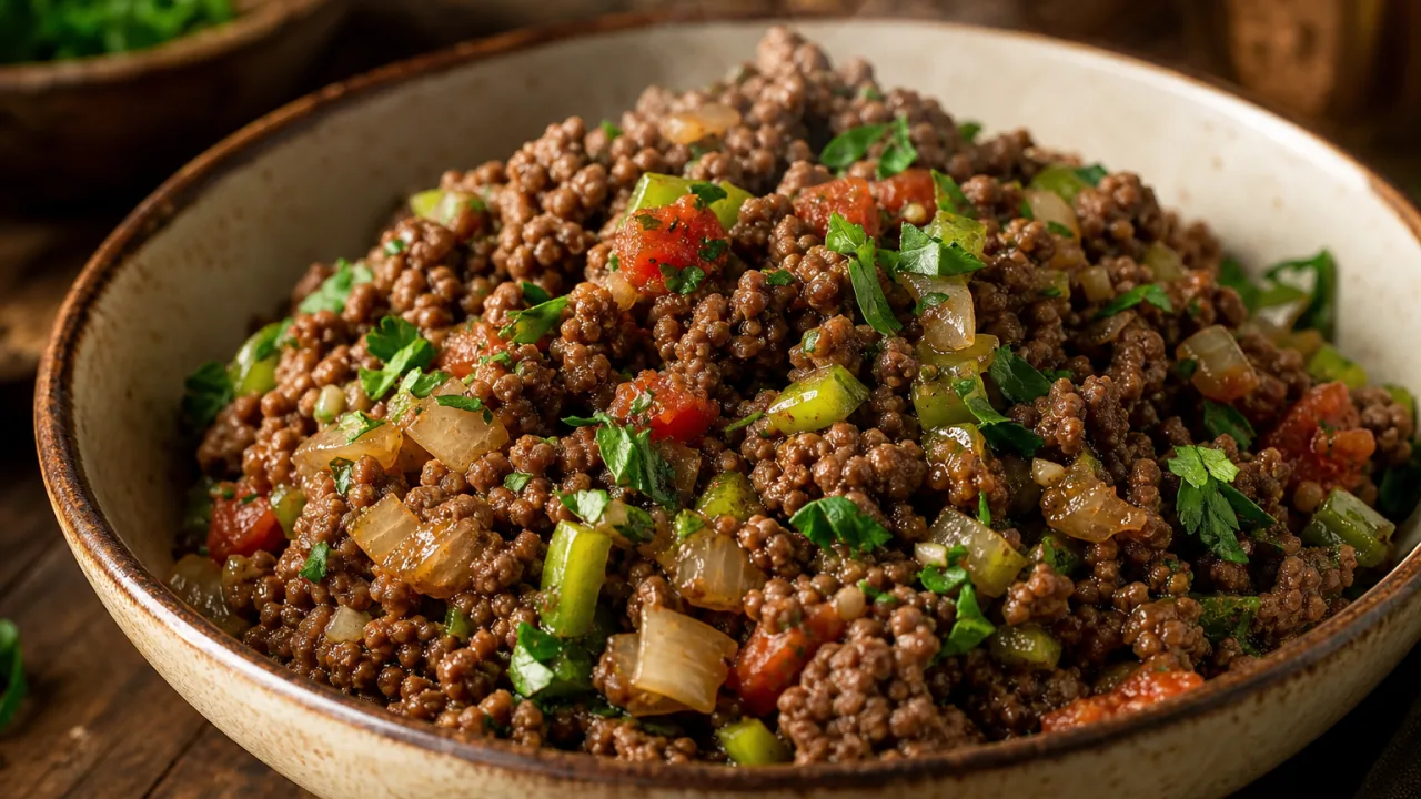 Carne moída simples e suculenta com tomate, pimentão e cheiro-verde em bowl rústico