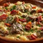 Carne ao molho de batata e bacon cremosa com cubos dourados, bacon crocante e cheiro-verde em tigela rústica