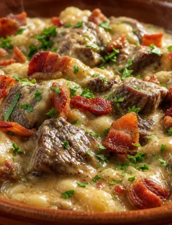 Carne ao molho de batata e bacon cremosa com cubos dourados, bacon crocante e cheiro-verde em tigela rústica