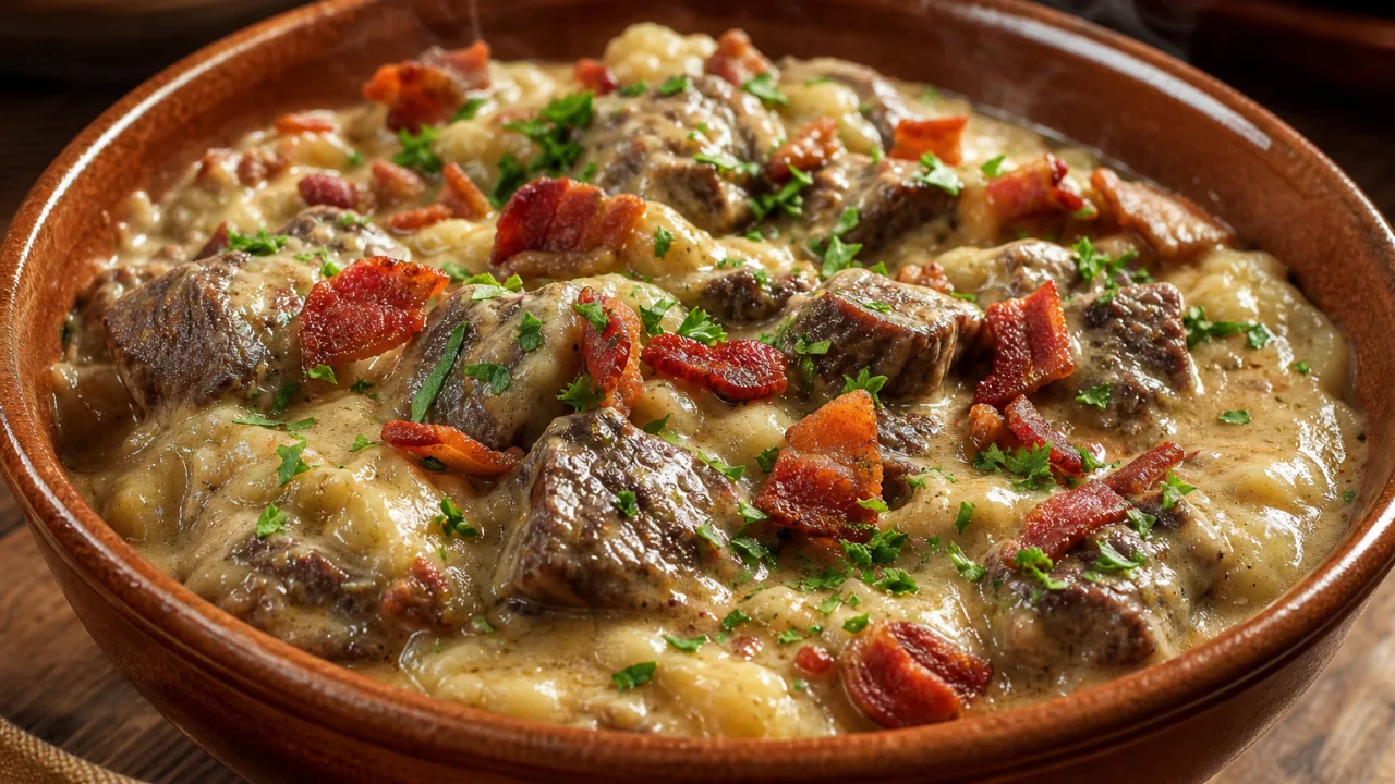 Carne ao molho de batata e bacon cremosa com cubos dourados, bacon crocante e cheiro-verde em tigela rústica