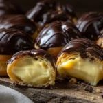 Carolinas recheadas com creme e cobertura de chocolate sobre tábua rústica