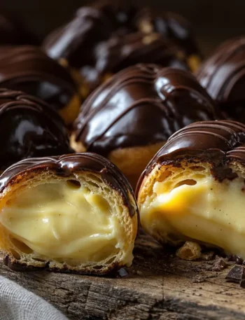 Carolinas recheadas com creme e cobertura de chocolate sobre tábua rústica