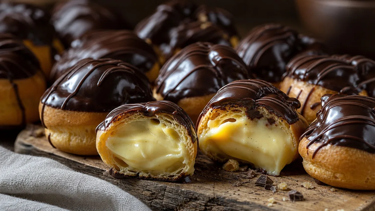 Carolinas recheadas com creme e cobertura de chocolate sobre tábua rústica