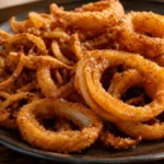 Cebola crispy dourada e crocante servida em prato rústico, com textura sequinha e apetitosa