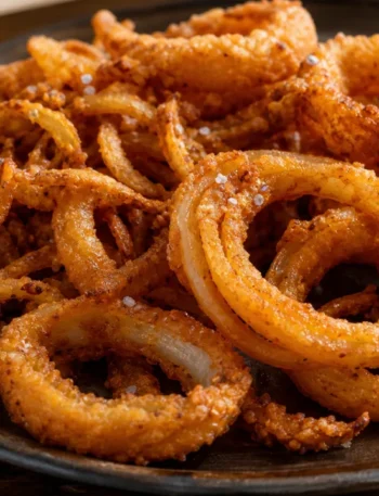 Cebola crispy dourada e crocante servida em prato rústico, com textura sequinha e apetitosa