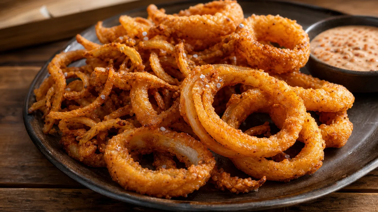 Cebola crispy dourada e crocante servida em prato rústico, com textura sequinha e apetitosa
