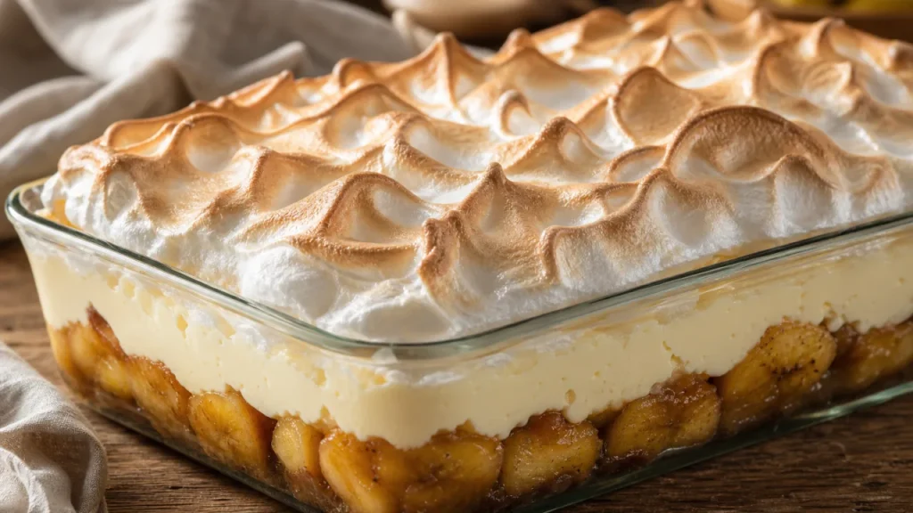 Chico balanceado de banana na travessa com doce de banana, creme de baunilha e merengue dourado