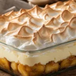 Chico balanceado de banana na travessa com doce de banana, creme de baunilha e merengue dourado