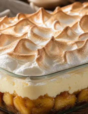 Chico balanceado de banana na travessa com doce de banana, creme de baunilha e merengue dourado