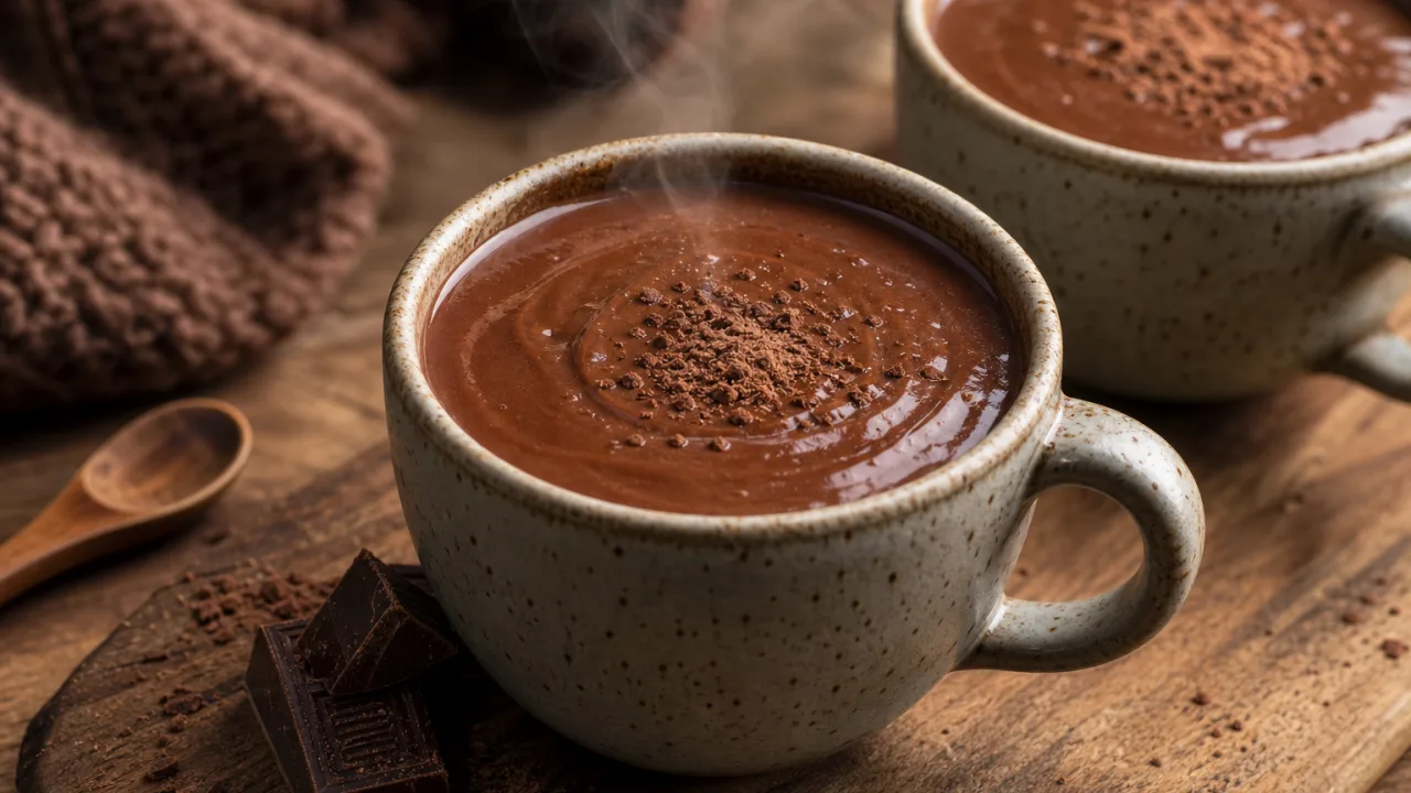 Chocolate quente cremoso de 3 ingredientes em canecas rústicas, com vapor e textura aveludada