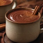 Chocolate quente cremoso com canela em xícara rústica sobre mesa de madeira