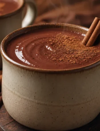 Chocolate quente cremoso com canela em xícara rústica sobre mesa de madeira