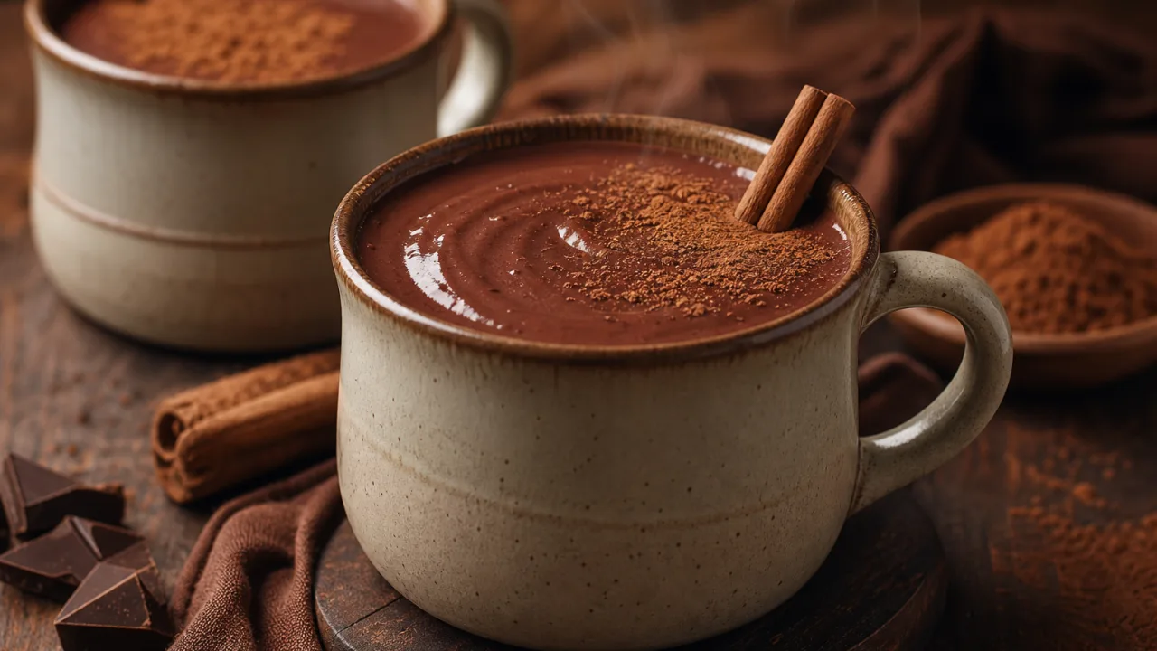 Chocolate quente cremoso com canela em xícara rústica sobre mesa de madeira