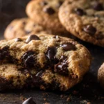 Cookie com gotas de chocolate crocante por fora e macio por dentro sobre superfície rústica