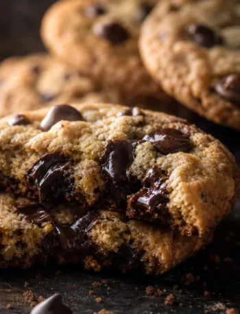 Cookie com gotas de chocolate crocante por fora e macio por dentro sobre superfície rústica