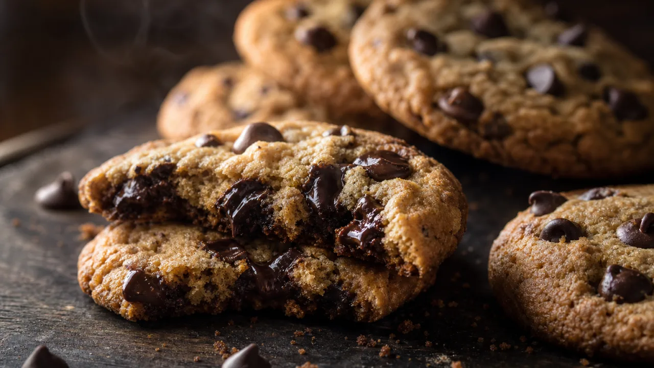 Cookie com gotas de chocolate crocante por fora e macio por dentro sobre superfície rústica
