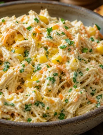 Creme de frango super cremoso com milho, cenoura e cheiro-verde em tigela rústica