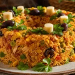 Cuscuz paulista de frango com milho, ervilha, azeitonas e palmito decorado sobre mesa rústica