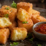 Dadinho de tapioca crocante dourado com molho agridoce em mesa de madeira