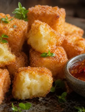 Dadinho de tapioca crocante dourado com molho agridoce em mesa de madeira