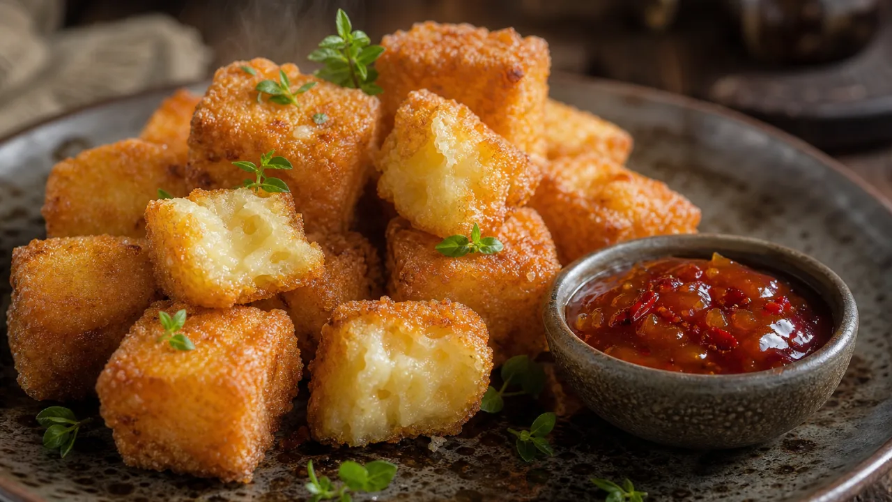 Dadinho de tapioca crocante dourado com molho agridoce em mesa de madeira