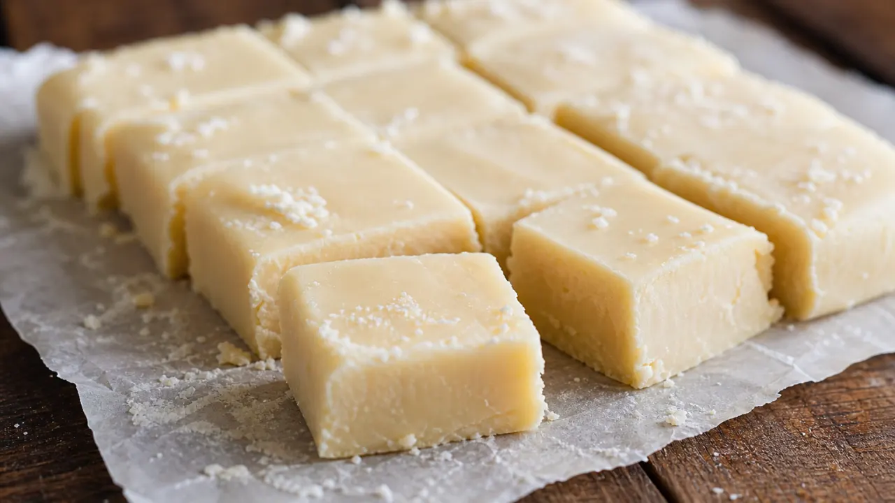 Doce de leite de corte branquinho em pedaços, macio e com textura cremosa sobre papel manteiga