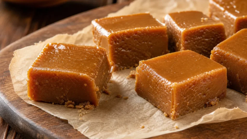 Doce de leite mineiro cremoso em quadrados sobre mesa de madeira