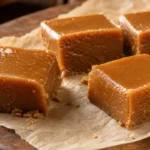 Doce de leite mineiro cremoso em quadrados sobre mesa de madeira